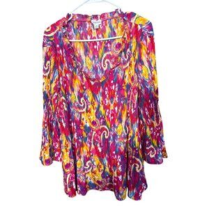 Chloe + Rene Womens 1X Multicolor Paisley Printed Pleated Blouse With Ruffled Ne